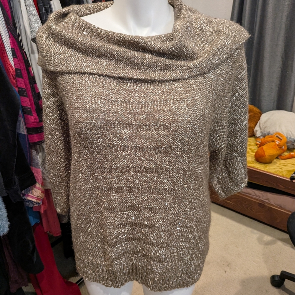 Metallic Tan Cowl Neck Sweater - L